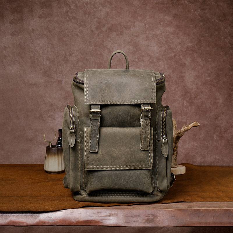 Men's Crazy Horse Leather Backpack – Fits 15.6" Laptop, Large Capacity Army Green