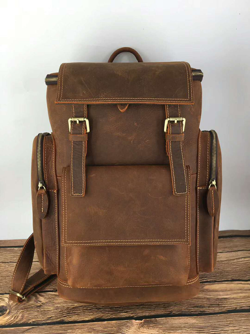 Men's Crazy Horse Leather Backpack – Fits 15.6" Laptop, Large Capacity Light Brown