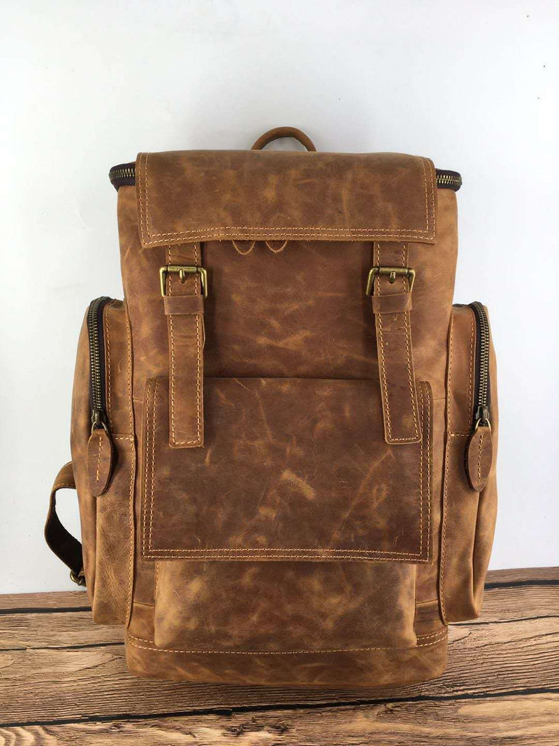 Men's Crazy Horse Leather Backpack – Fits 15.6" Laptop, Large Capacity