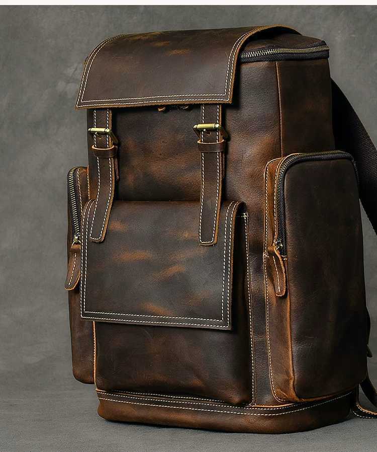 Men's Crazy Horse Leather Backpack – Fits 15.6" Laptop, Large Capacity Dark brown