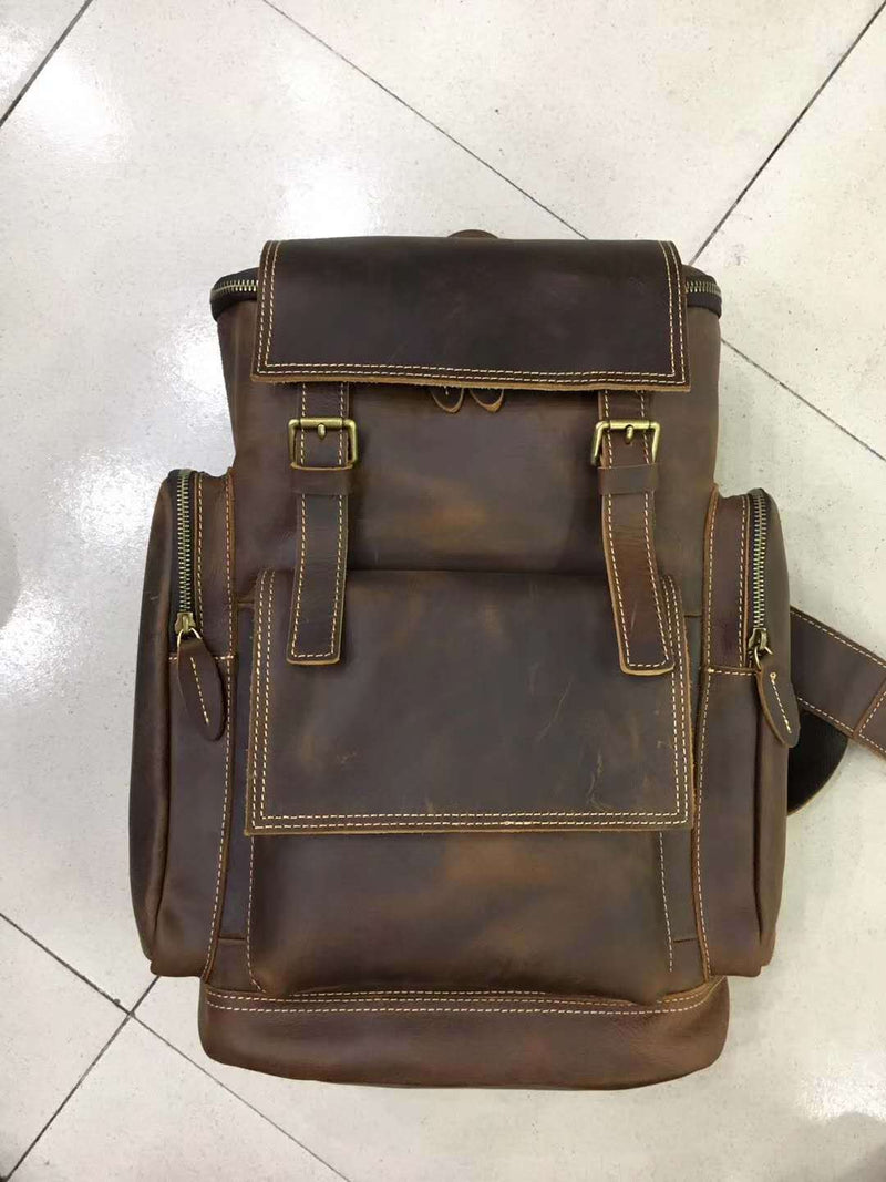 Men's Crazy Horse Leather Backpack – Fits 15.6" Laptop, Large Capacity Brown