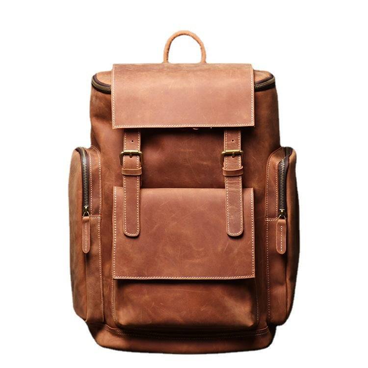 Men's Crazy Horse Leather Backpack – Fits 15.6" Laptop, Large Capacity Retro brown